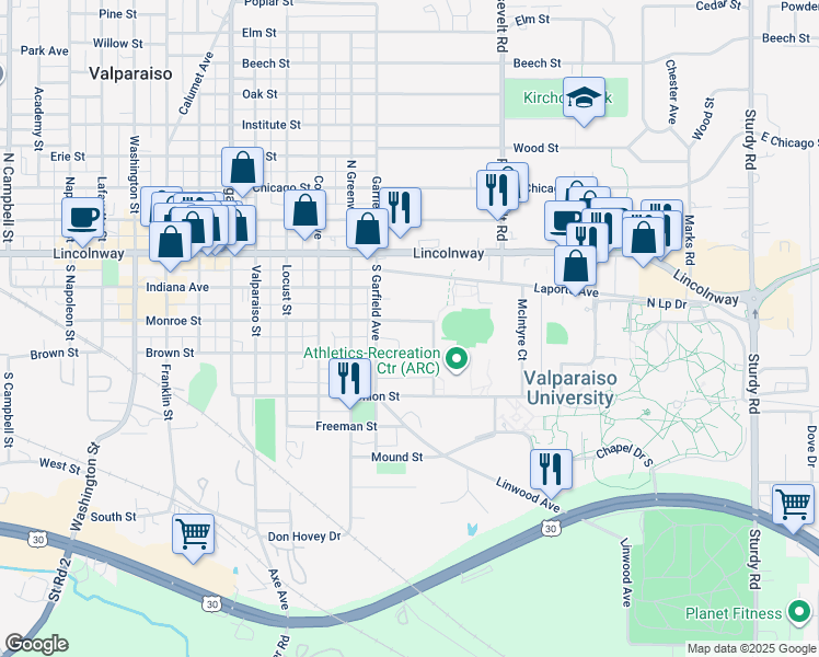 map of restaurants, bars, coffee shops, grocery stores, and more near 801-999 Monroe St in Valparaiso