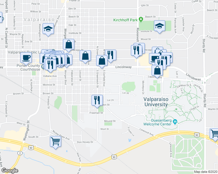 map of restaurants, bars, coffee shops, grocery stores, and more near 804 Monroe Street in Valparaiso