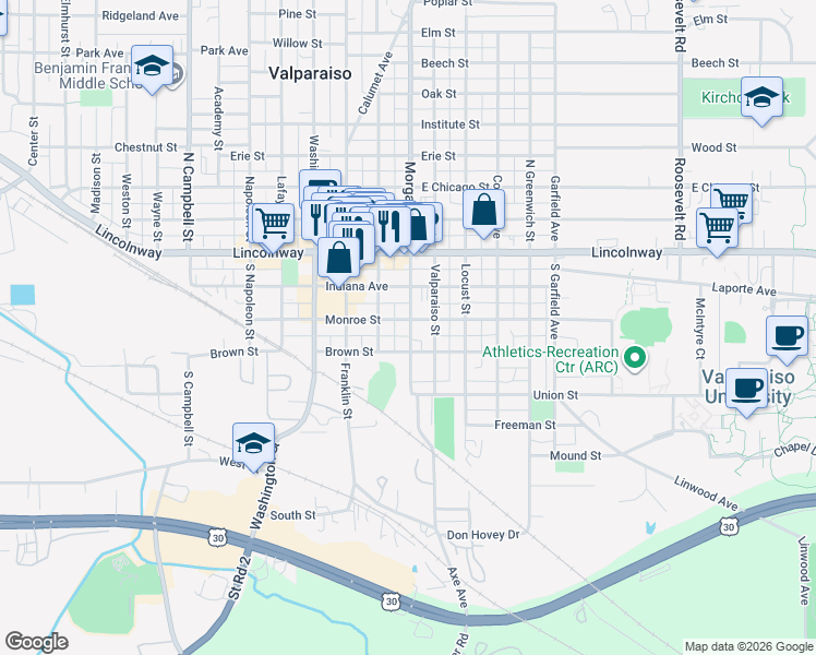 map of restaurants, bars, coffee shops, grocery stores, and more near 177-199 Morgan Blvd in Valparaiso