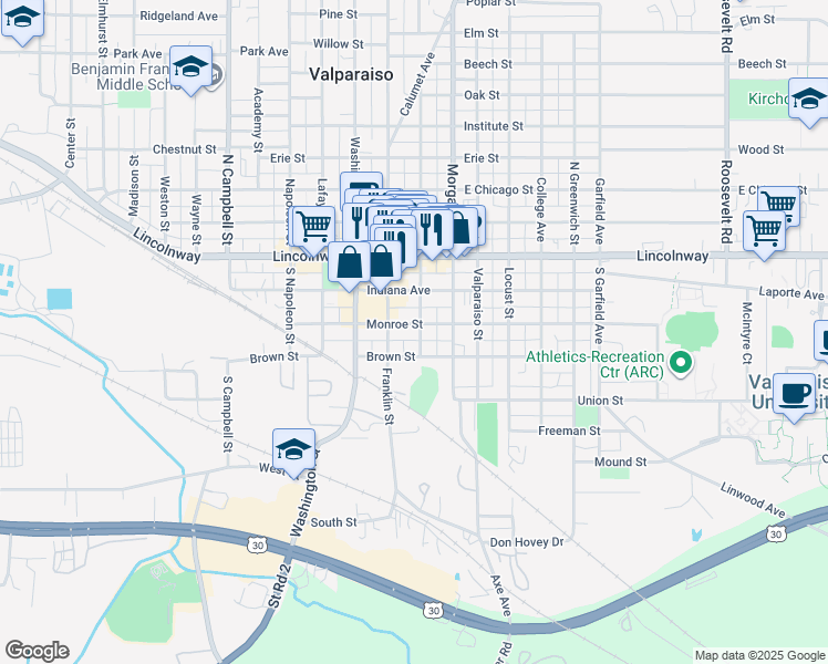 map of restaurants, bars, coffee shops, grocery stores, and more near 176-198 Michigan Avenue in Valparaiso
