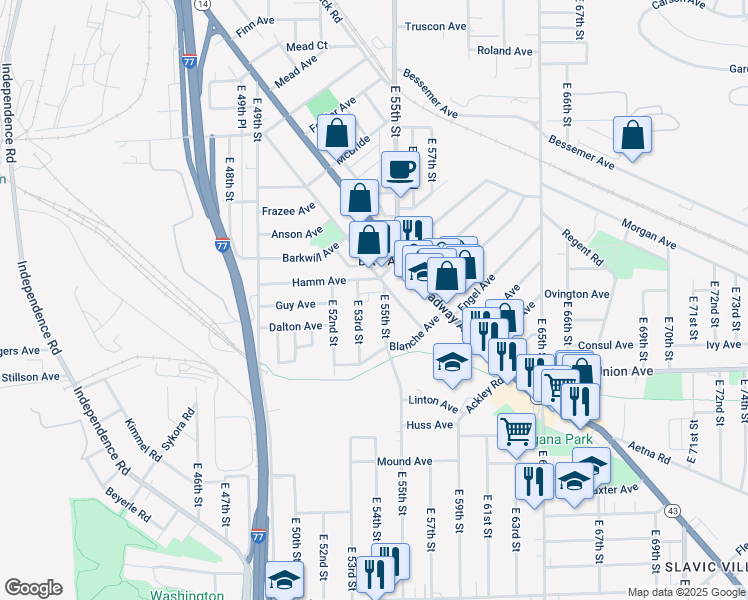 map of restaurants, bars, coffee shops, grocery stores, and more near 3398 East 55th Street in Cleveland