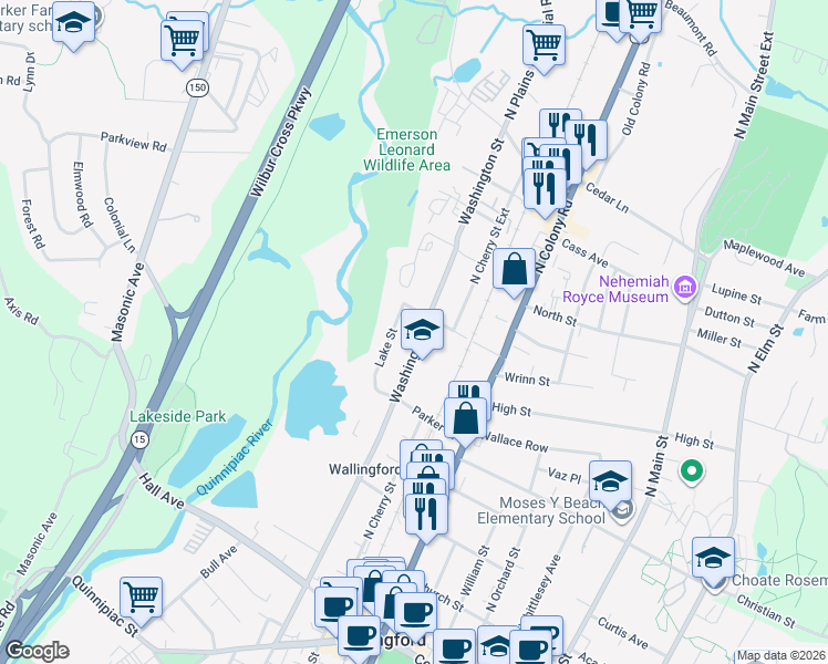 map of restaurants, bars, coffee shops, grocery stores, and more near 56 Lake Street in Wallingford