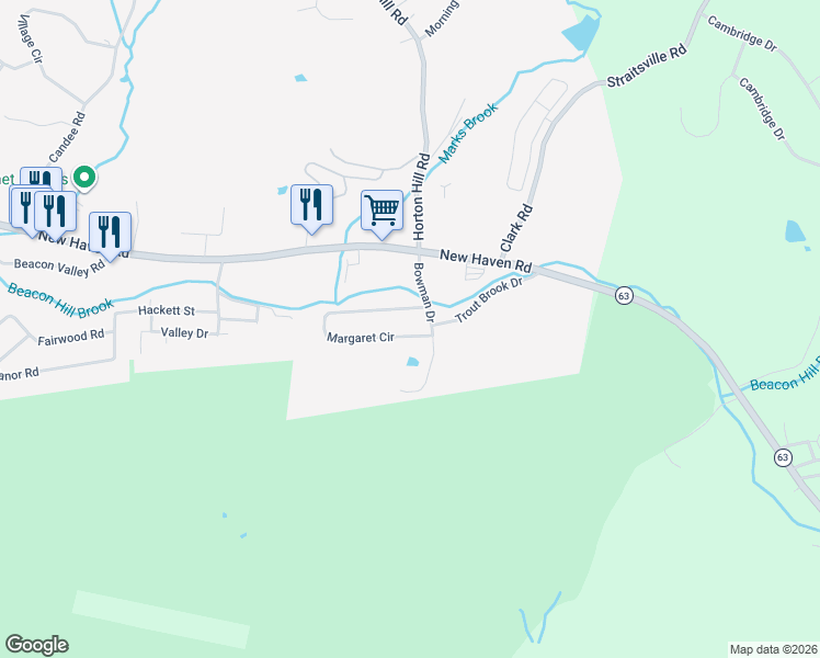 map of restaurants, bars, coffee shops, grocery stores, and more near 28 Margaret Circle in Naugatuck