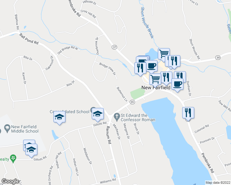map of restaurants, bars, coffee shops, grocery stores, and more near 8 Butternut Lane in New Fairfield