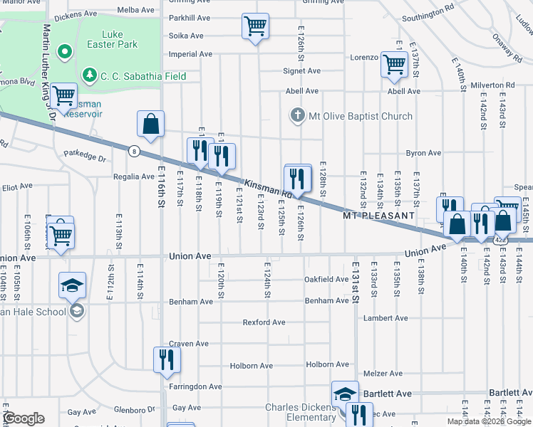 map of restaurants, bars, coffee shops, grocery stores, and more near 3406 East 123rd Street in Cleveland