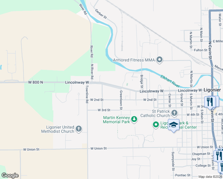 map of restaurants, bars, coffee shops, grocery stores, and more near 1007 Lincolnway West in Ligonier