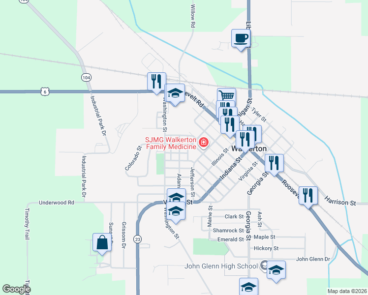 map of restaurants, bars, coffee shops, grocery stores, and more near 634-698 Ohio Street in Walkerton