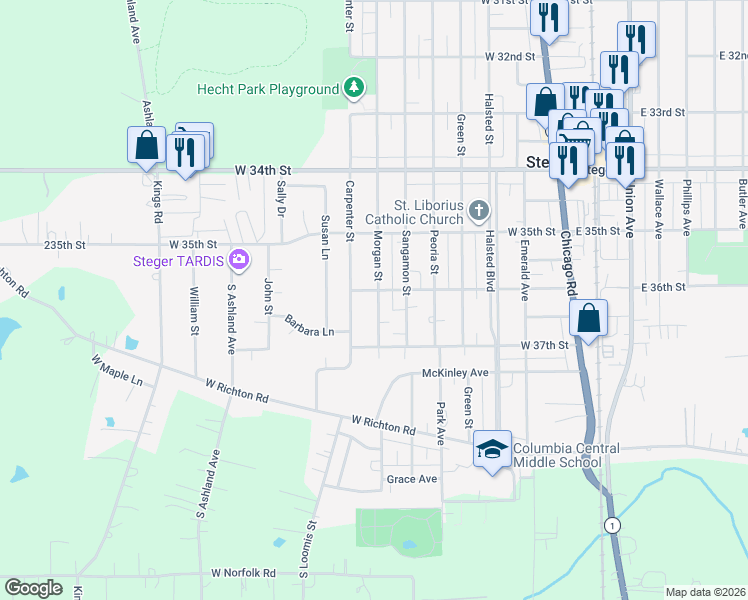 map of restaurants, bars, coffee shops, grocery stores, and more near 3547 Morgan Street in Steger
