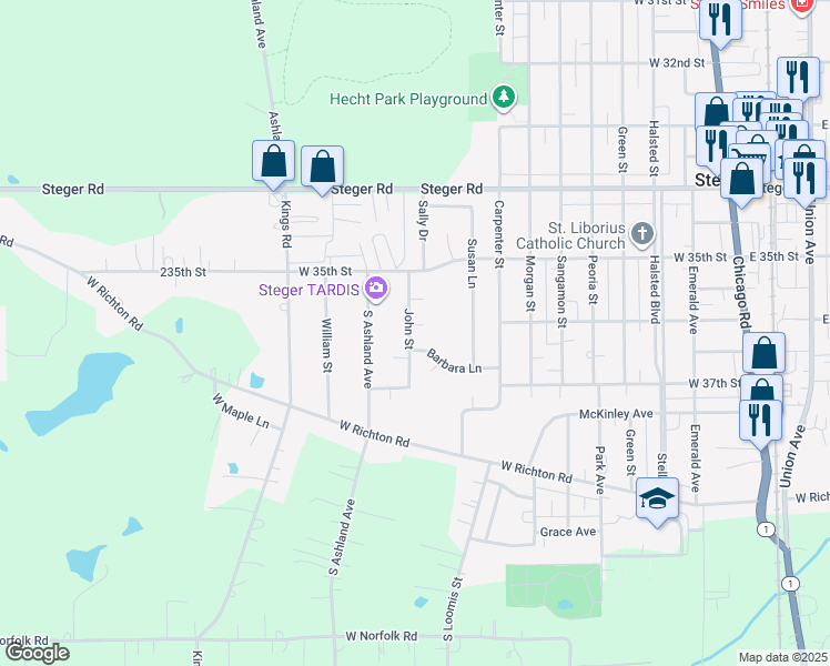 map of restaurants, bars, coffee shops, grocery stores, and more near 223 Christine Court in Steger