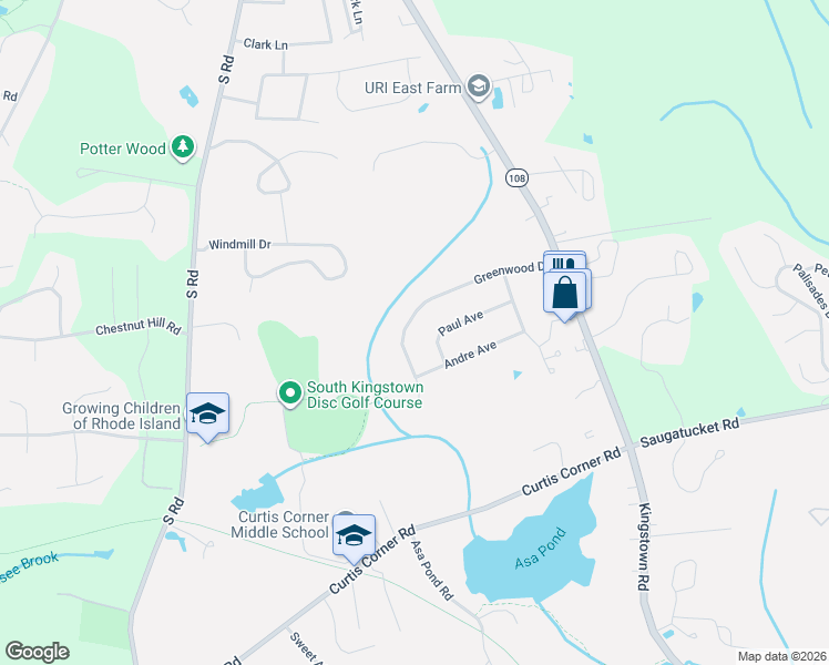 map of restaurants, bars, coffee shops, grocery stores, and more near 180 Greenwood Drive in South Kingstown
