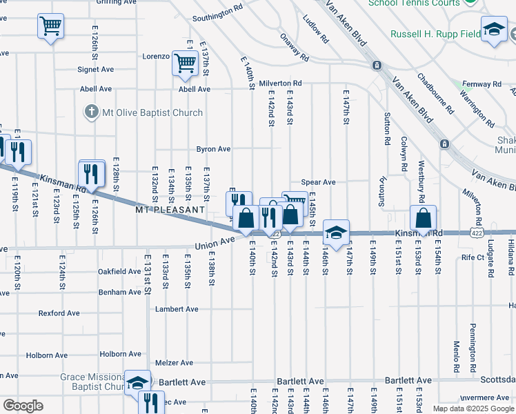 map of restaurants, bars, coffee shops, grocery stores, and more near 3459 East 140th Street in Cleveland