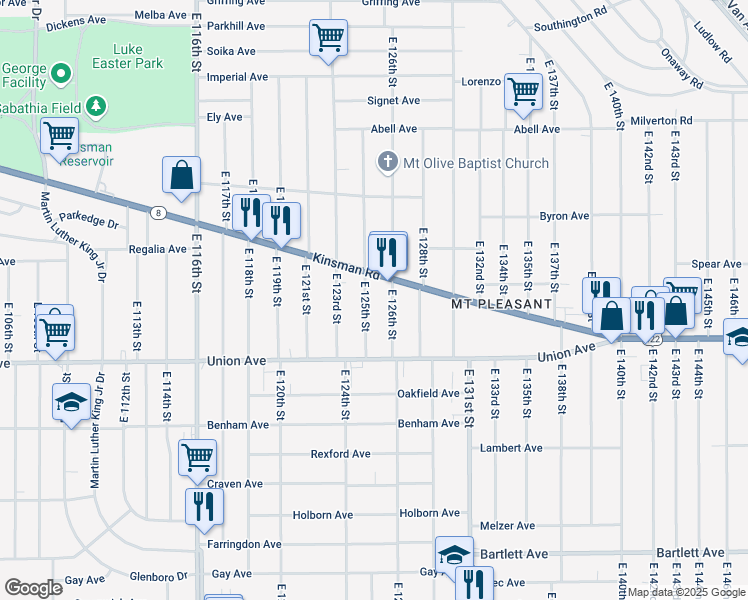 map of restaurants, bars, coffee shops, grocery stores, and more near 12502 Kinsman Road in Cleveland