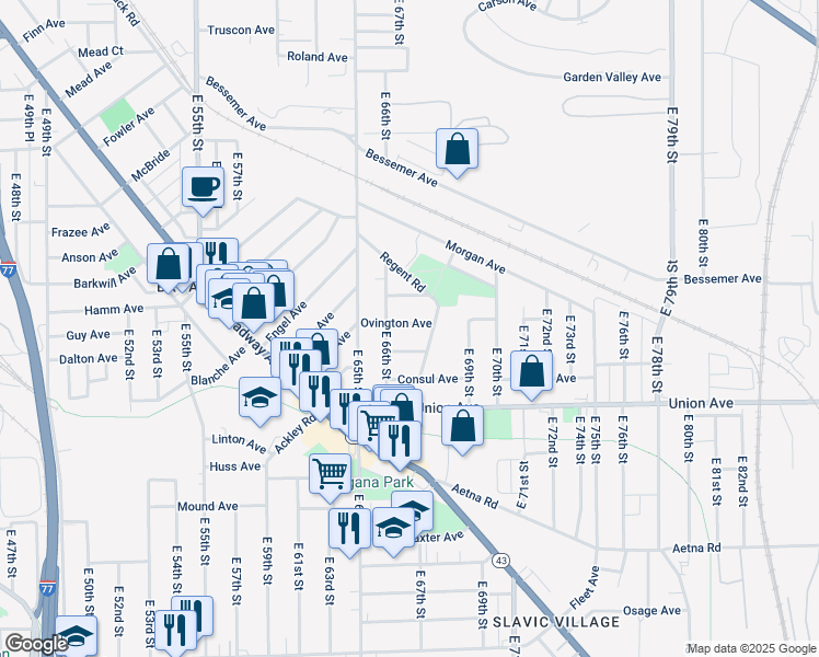 map of restaurants, bars, coffee shops, grocery stores, and more near 6611 Ovington Avenue in Cleveland