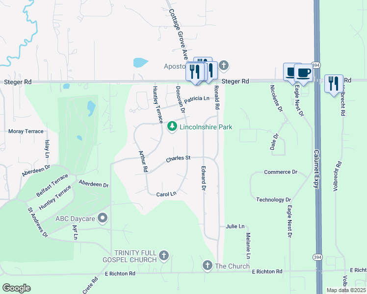 map of restaurants, bars, coffee shops, grocery stores, and more near 25 Charles Court in Crete