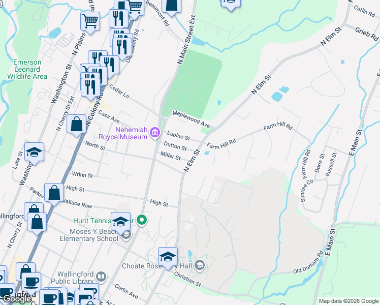map of restaurants, bars, coffee shops, grocery stores, and more near 73 Dutton Street in Wallingford
