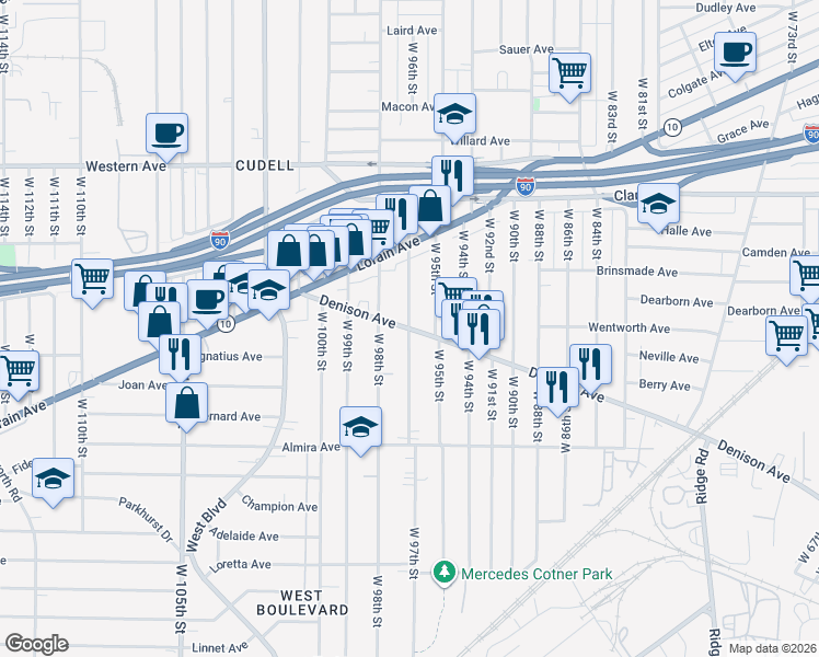 map of restaurants, bars, coffee shops, grocery stores, and more near Denison Ave & W 97th St in Cleveland