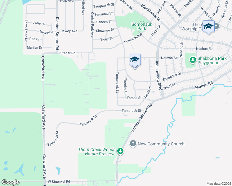 map of restaurants, bars, coffee shops, grocery stores, and more near 460 Tomahawk Street in Park Forest