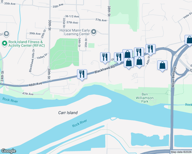 map of restaurants, bars, coffee shops, grocery stores, and more near 3600 Blackhawk Road in Rock Island