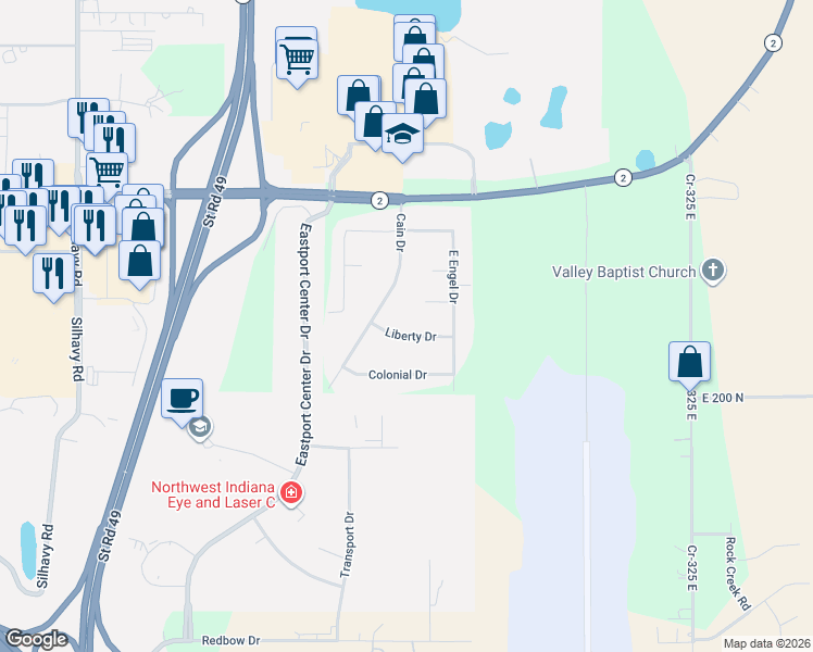 map of restaurants, bars, coffee shops, grocery stores, and more near 3901 West New England Street in Valparaiso