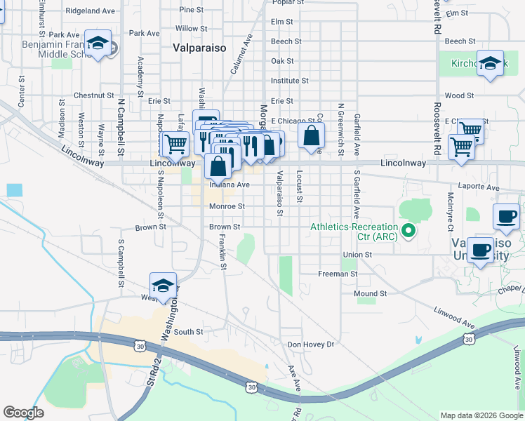 map of restaurants, bars, coffee shops, grocery stores, and more near 177-199 Morgan Blvd in Valparaiso