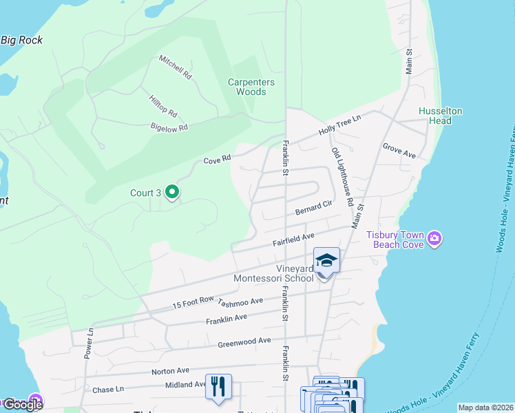 map of restaurants, bars, coffee shops, grocery stores, and more near 60 Boxberry Avenue in Tisbury