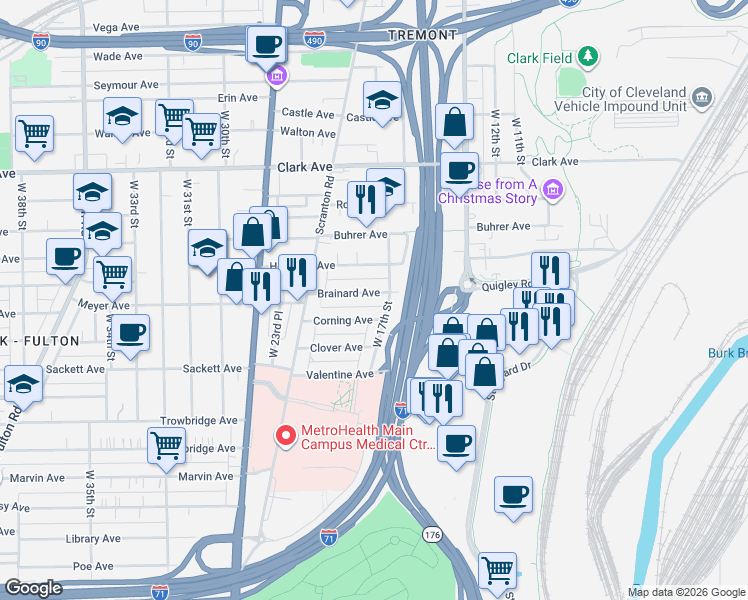 map of restaurants, bars, coffee shops, grocery stores, and more near 1704 Brainard Avenue in Cleveland