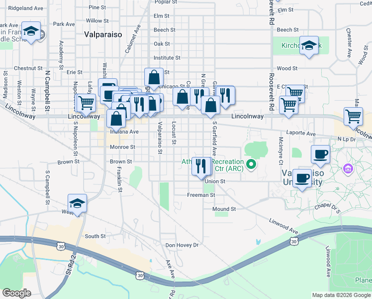 map of restaurants, bars, coffee shops, grocery stores, and more near 158 College Avenue in Valparaiso