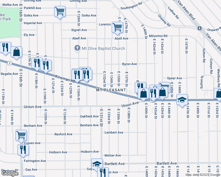 map of restaurants, bars, coffee shops, grocery stores, and more near 3428 East 134th Street in Cleveland