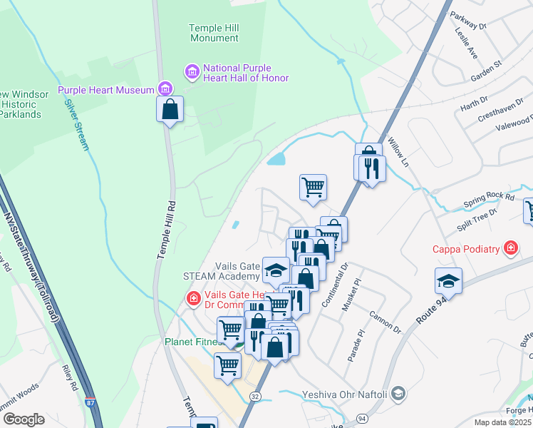 map of restaurants, bars, coffee shops, grocery stores, and more near 1169 Washington Green in New Windsor