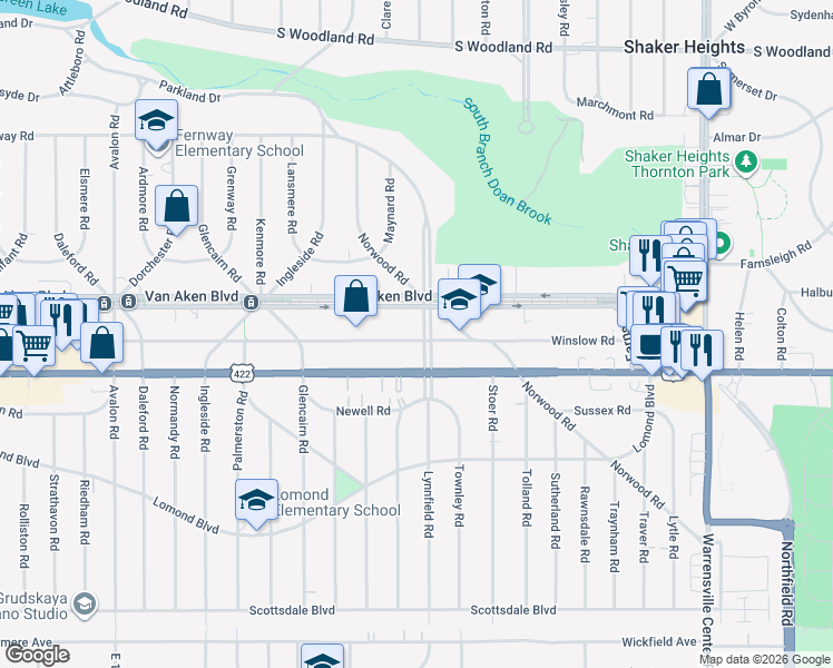 map of restaurants, bars, coffee shops, grocery stores, and more near 18730 Van Aken Boulevard in Shaker Heights