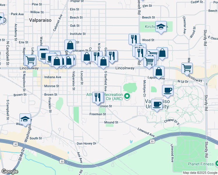 map of restaurants, bars, coffee shops, grocery stores, and more near 804 Monroe Street in Valparaiso
