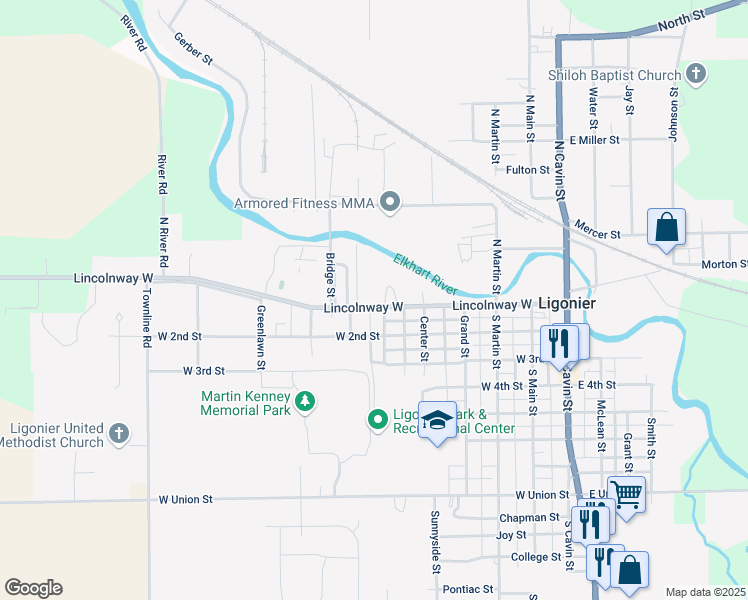 map of restaurants, bars, coffee shops, grocery stores, and more near 602 Lincolnway West in Ligonier