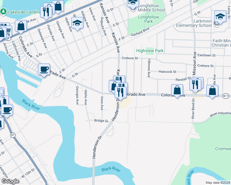 map of restaurants, bars, coffee shops, grocery stores, and more near 1390 Colorado Avenue in Lorain