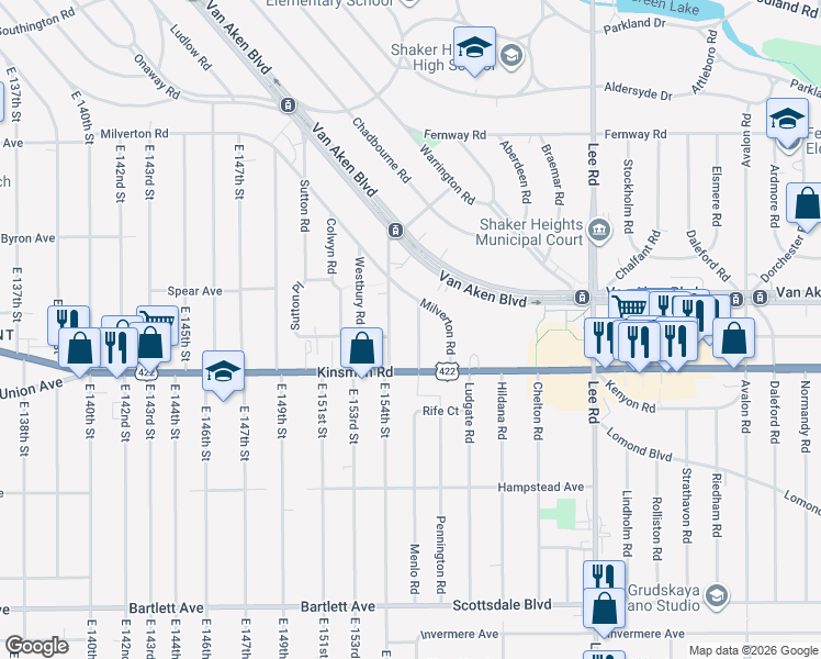 map of restaurants, bars, coffee shops, grocery stores, and more near 3430 Milverton Road in Shaker Heights