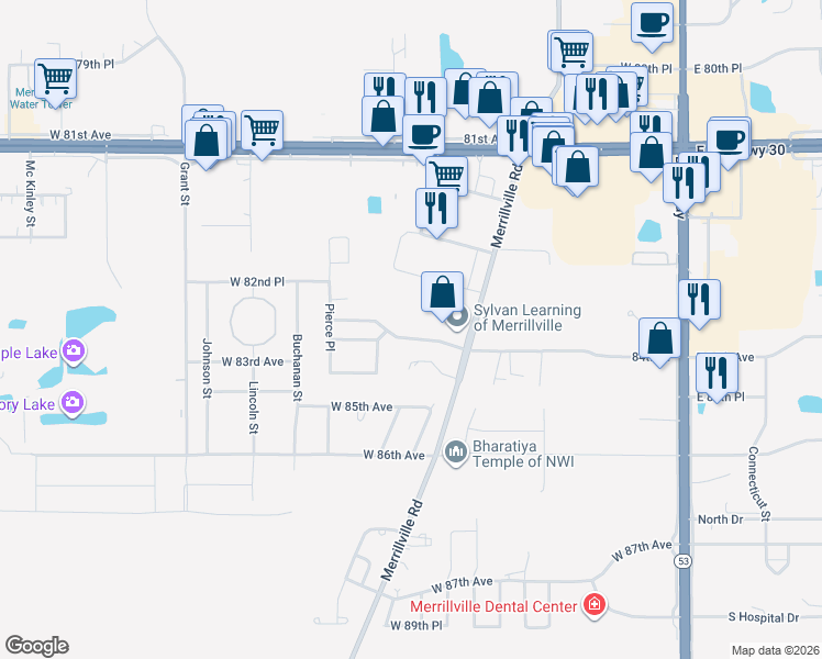 map of restaurants, bars, coffee shops, grocery stores, and more near 1160 West 84th Drive in Merrillville