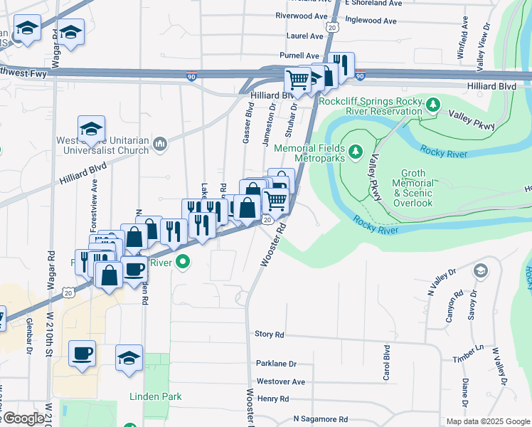 map of restaurants, bars, coffee shops, grocery stores, and more near 19560 Center Ridge Rd in Rocky River