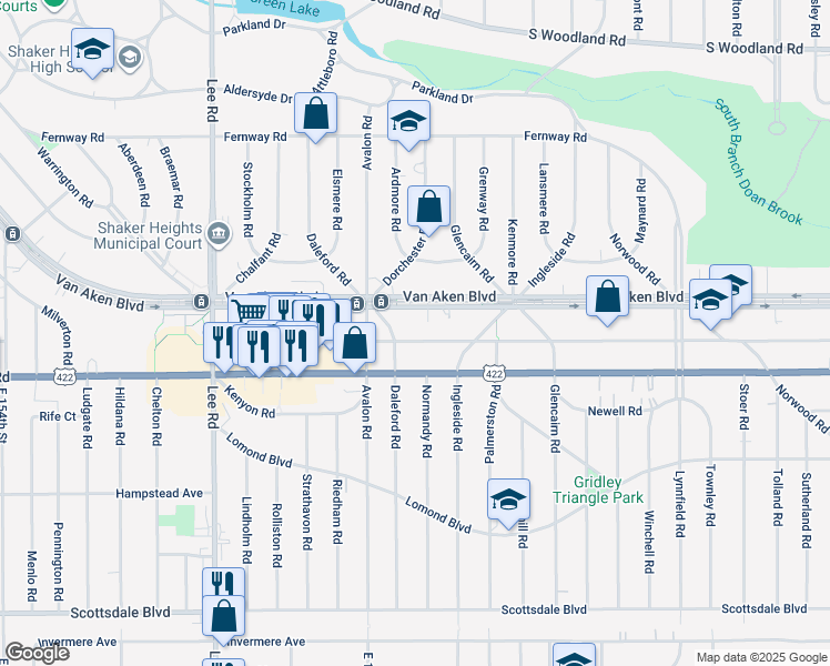 map of restaurants, bars, coffee shops, grocery stores, and more near 17423 Winslow Road in Shaker Heights