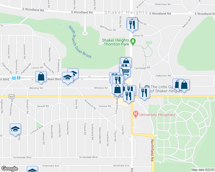 map of restaurants, bars, coffee shops, grocery stores, and more near 20020 Van Aken Boulevard in Shaker Heights