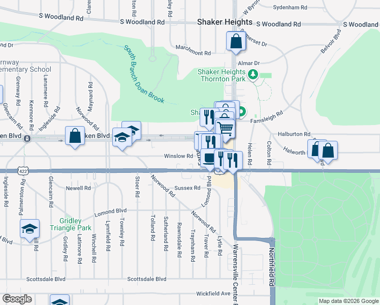 map of restaurants, bars, coffee shops, grocery stores, and more near 20020 Van Aken Boulevard in Shaker Heights
