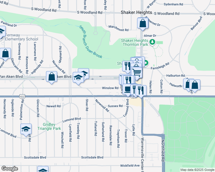 map of restaurants, bars, coffee shops, grocery stores, and more near 19806 Van Aken Boulevard in Shaker Heights