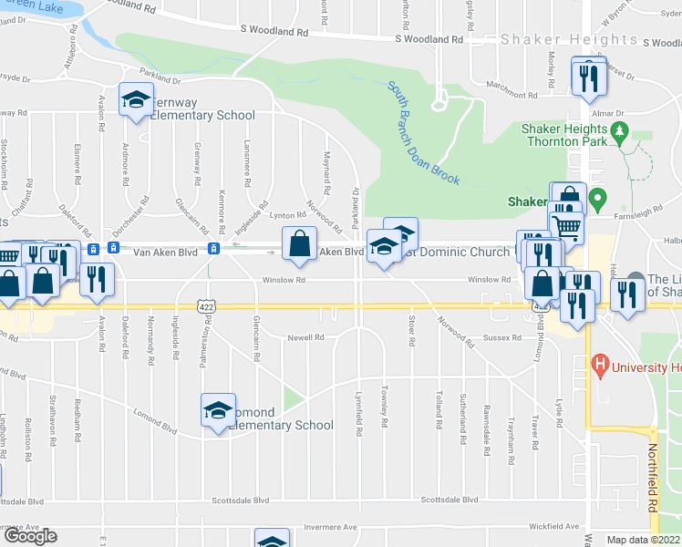 map of restaurants, bars, coffee shops, grocery stores, and more near 18730 Van Aken Boulevard in Shaker Heights