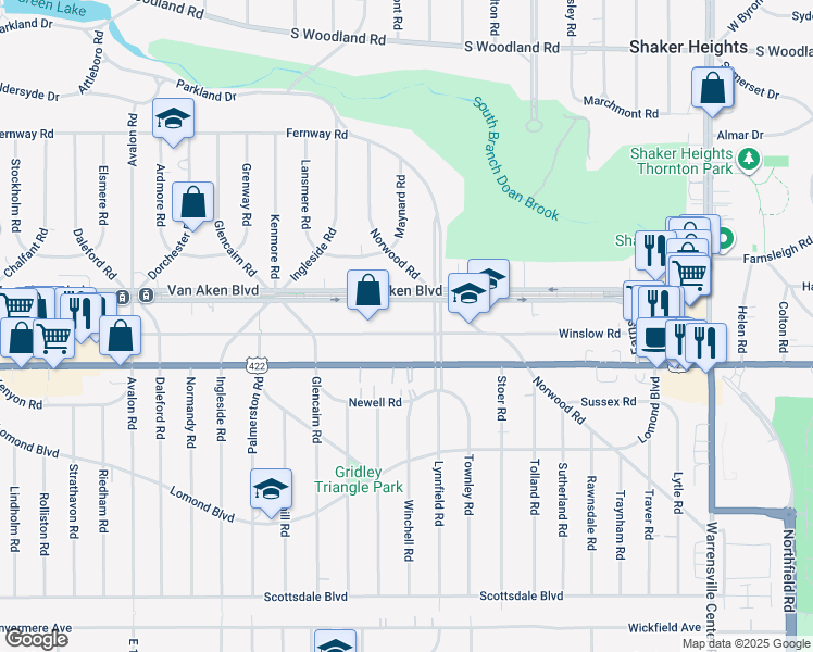 map of restaurants, bars, coffee shops, grocery stores, and more near 18730 Van Aken Boulevard in Shaker Heights