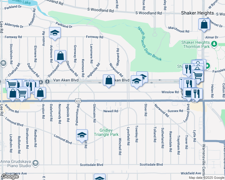 map of restaurants, bars, coffee shops, grocery stores, and more near 18520 Van Aken Boulevard in Shaker Heights
