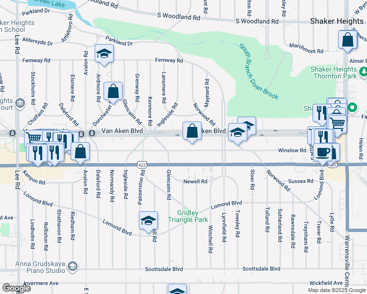 map of restaurants, bars, coffee shops, grocery stores, and more near 18420 Van Aken Boulevard in Shaker Heights