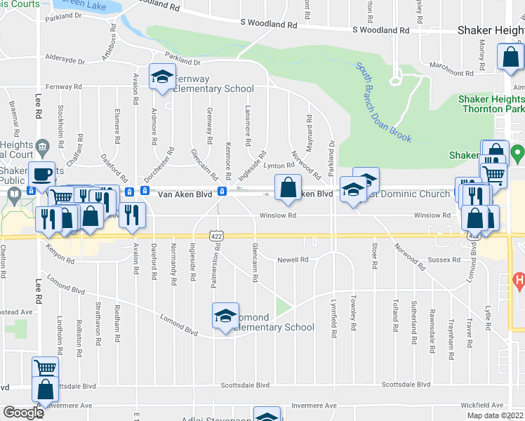 map of restaurants, bars, coffee shops, grocery stores, and more near 3449 Glencairn Road in Shaker Heights