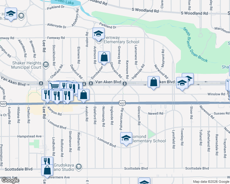 map of restaurants, bars, coffee shops, grocery stores, and more near 17724 Van Aken Boulevard in Shaker Heights