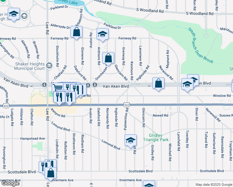 map of restaurants, bars, coffee shops, grocery stores, and more near 17724 Van Aken Boulevard in Shaker Heights