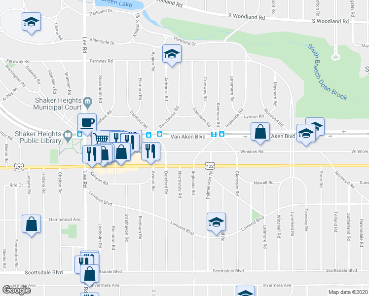 map of restaurants, bars, coffee shops, grocery stores, and more near 17610 Van Aken Boulevard in Shaker Heights