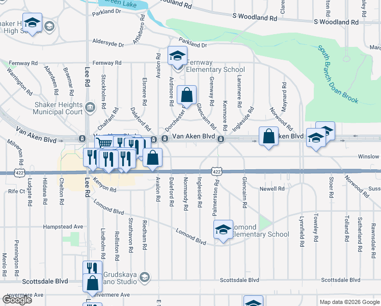 map of restaurants, bars, coffee shops, grocery stores, and more near 17610 Van Aken Boulevard in Shaker Heights