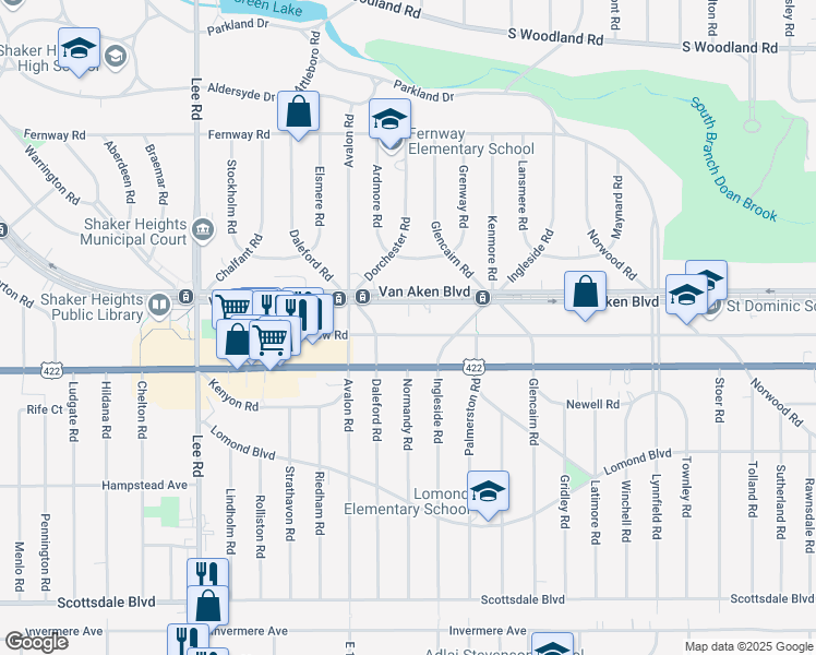map of restaurants, bars, coffee shops, grocery stores, and more near 17610 Van Aken Boulevard in Shaker Heights